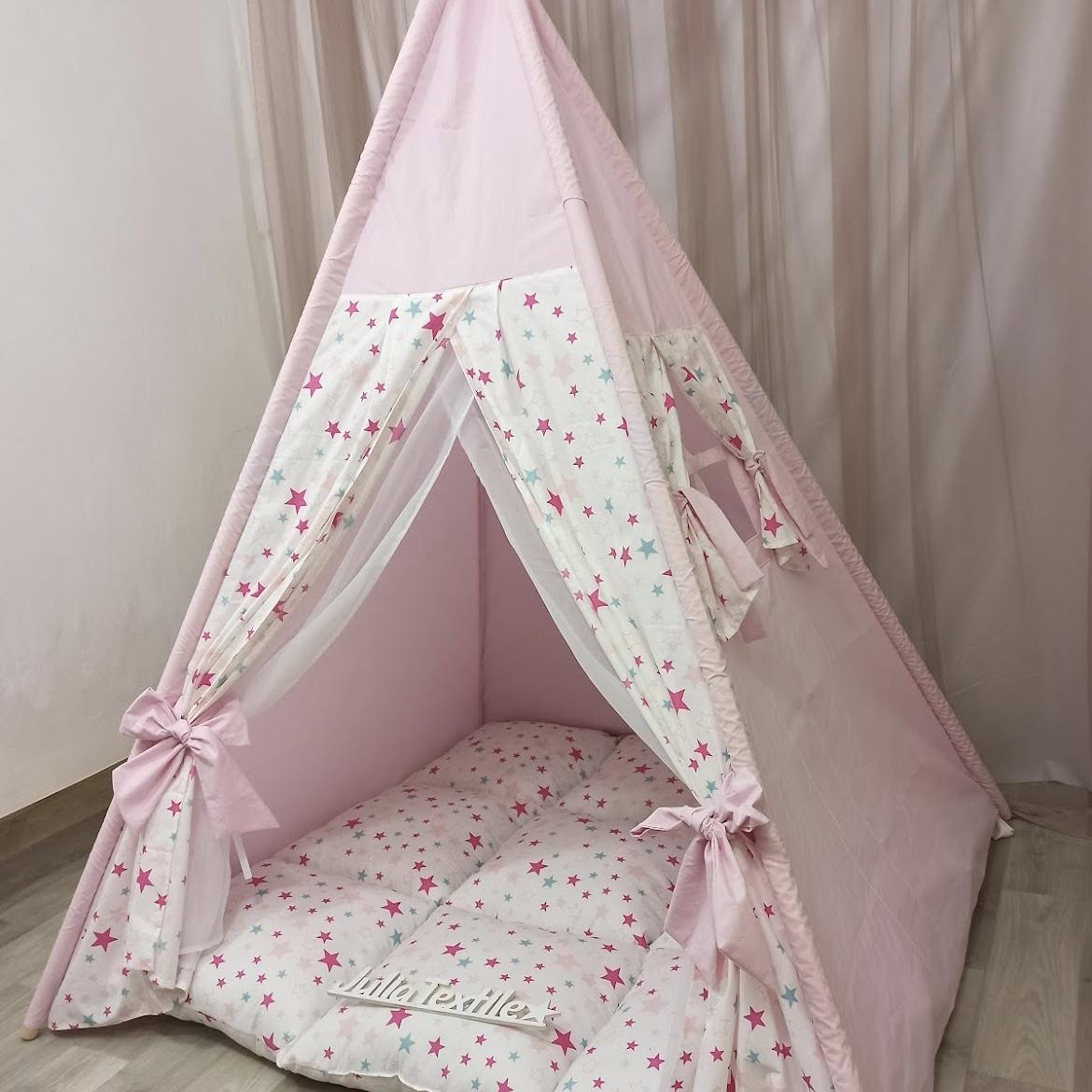 Tenda gioco con tappeto rosa chiaro con stelline fucsia