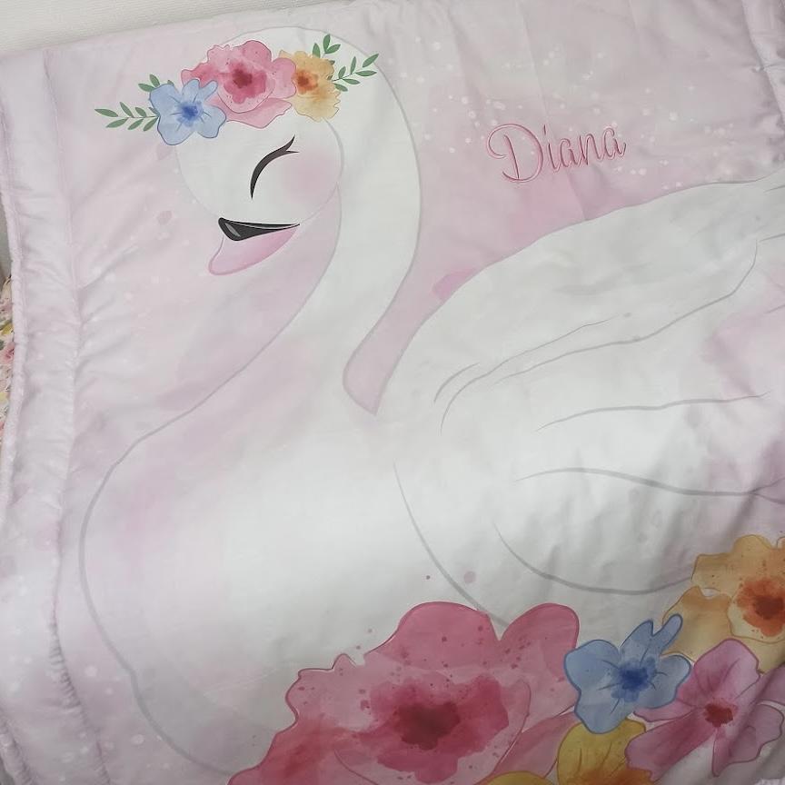 Coperta double face con la stampa cigno bianco rosa