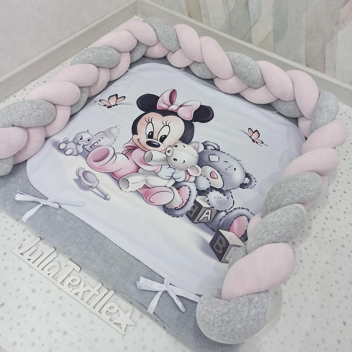 Changing table with minnie print with pink gray teddy bear