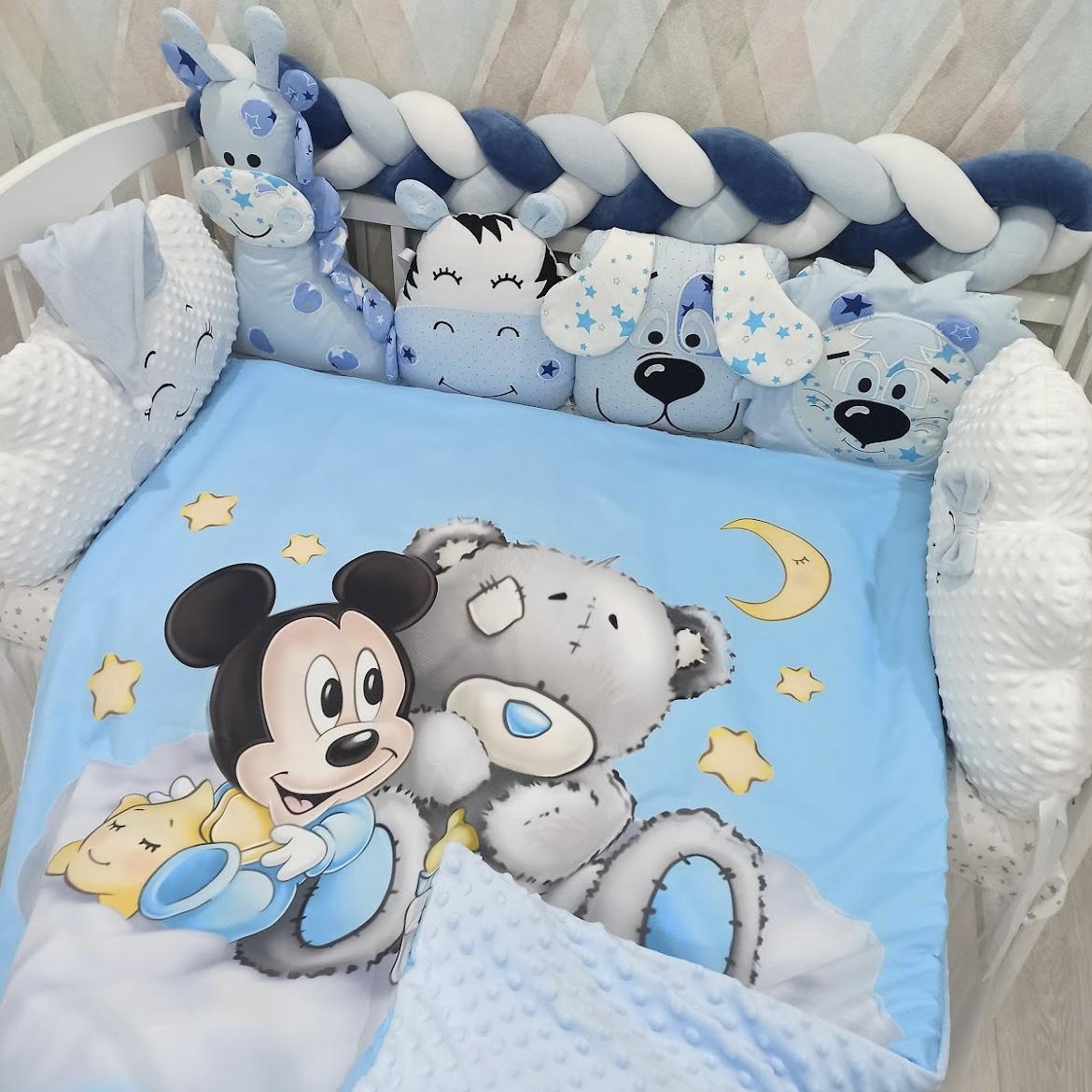 Set of character cushions with mickey and white and blue teddy bear