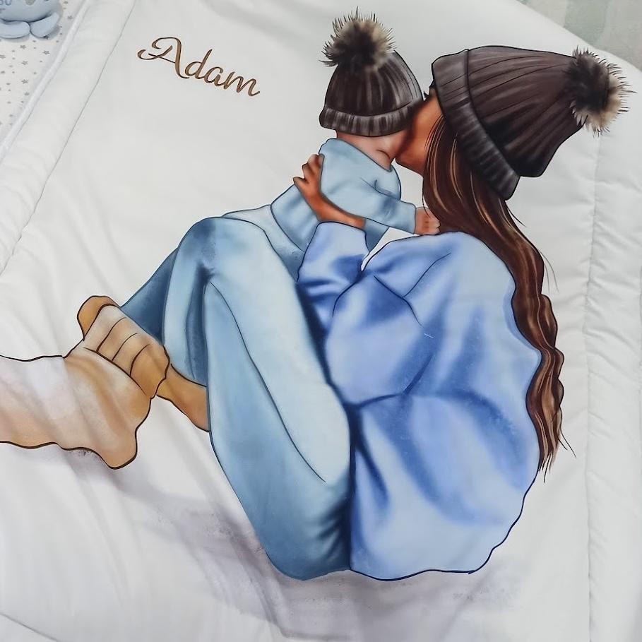 Coperta double face con la stampa mamma e figlio azzurro bianco