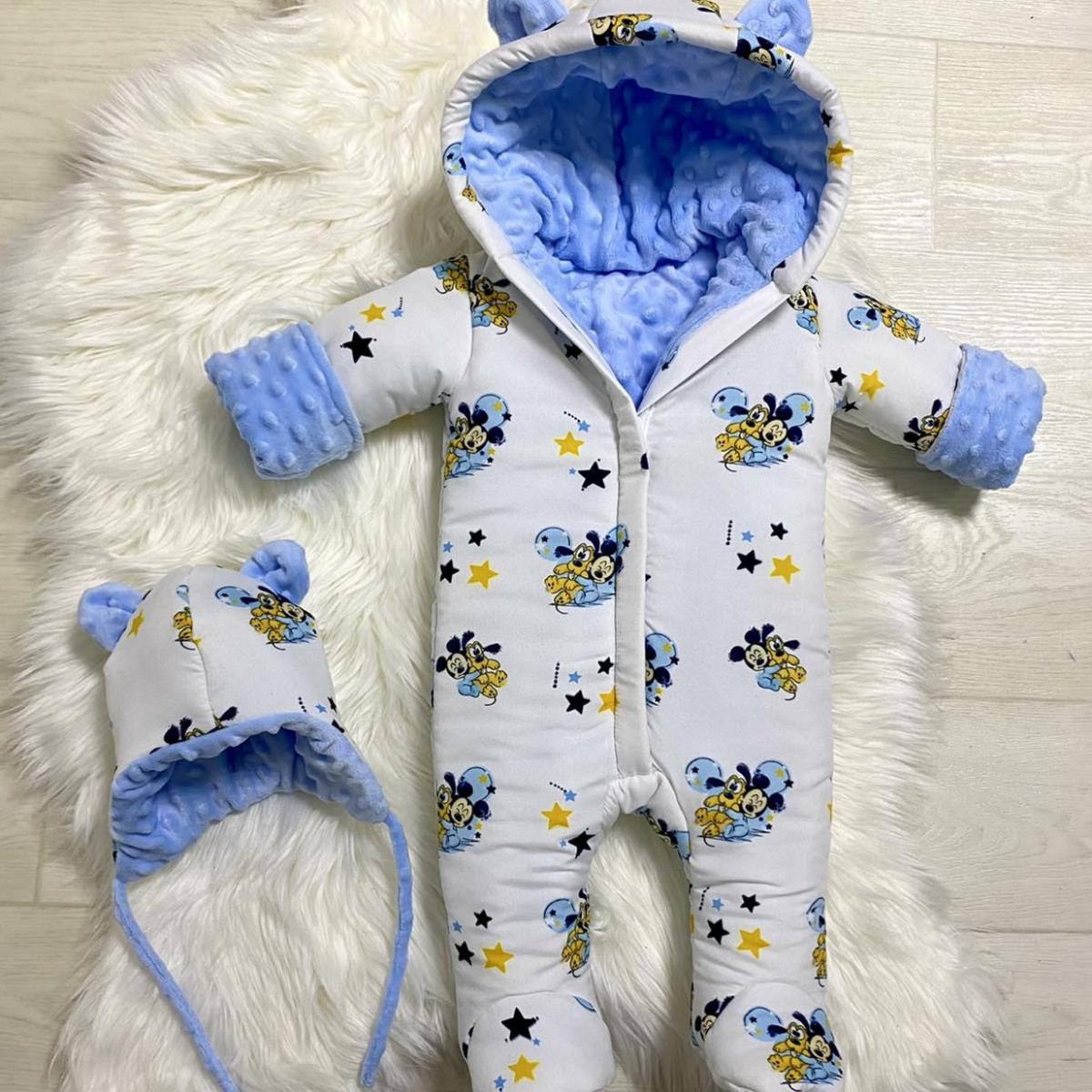 Winter onesie with blue and white mickey and pluto print