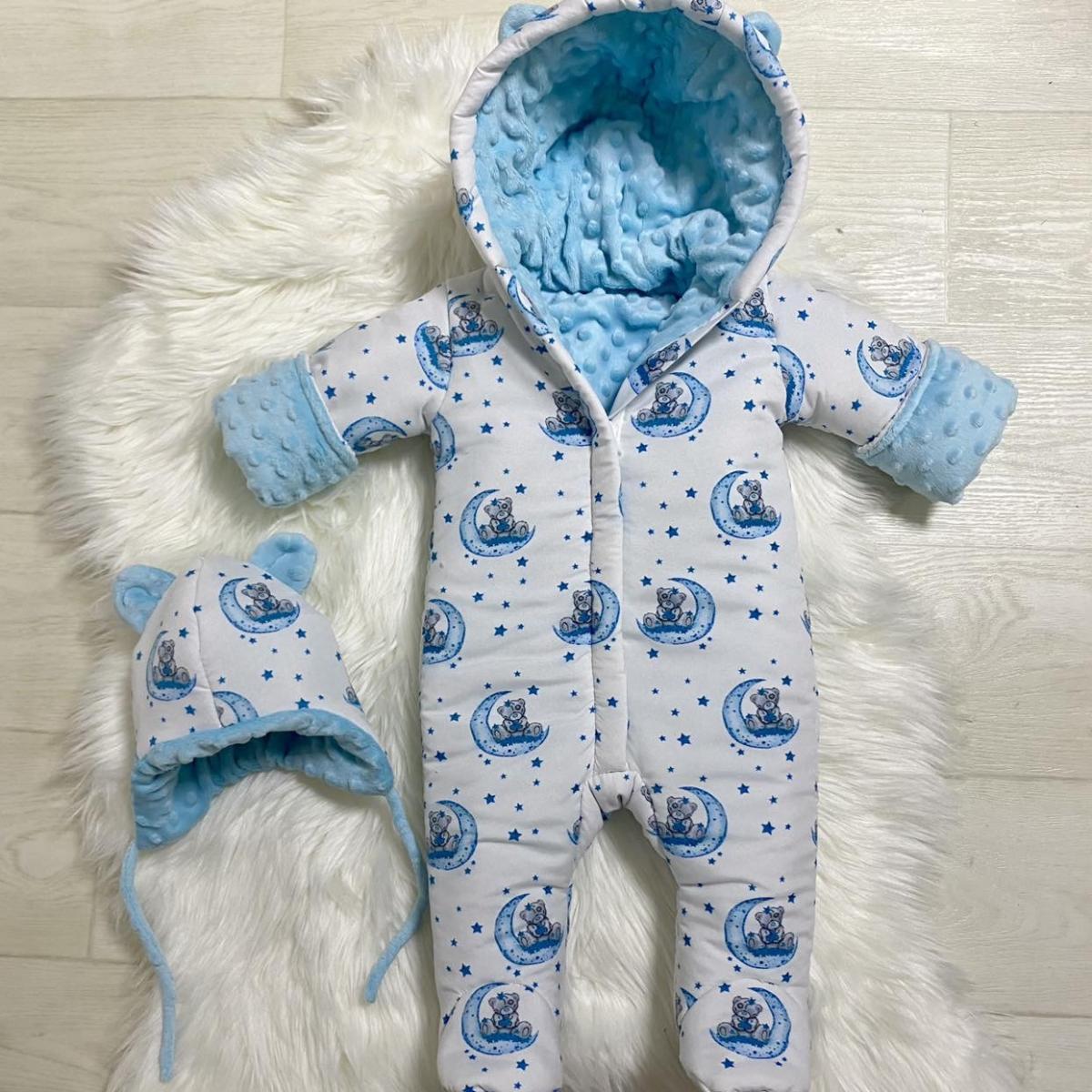 Winter jumpsuit with blue and white Teddy print