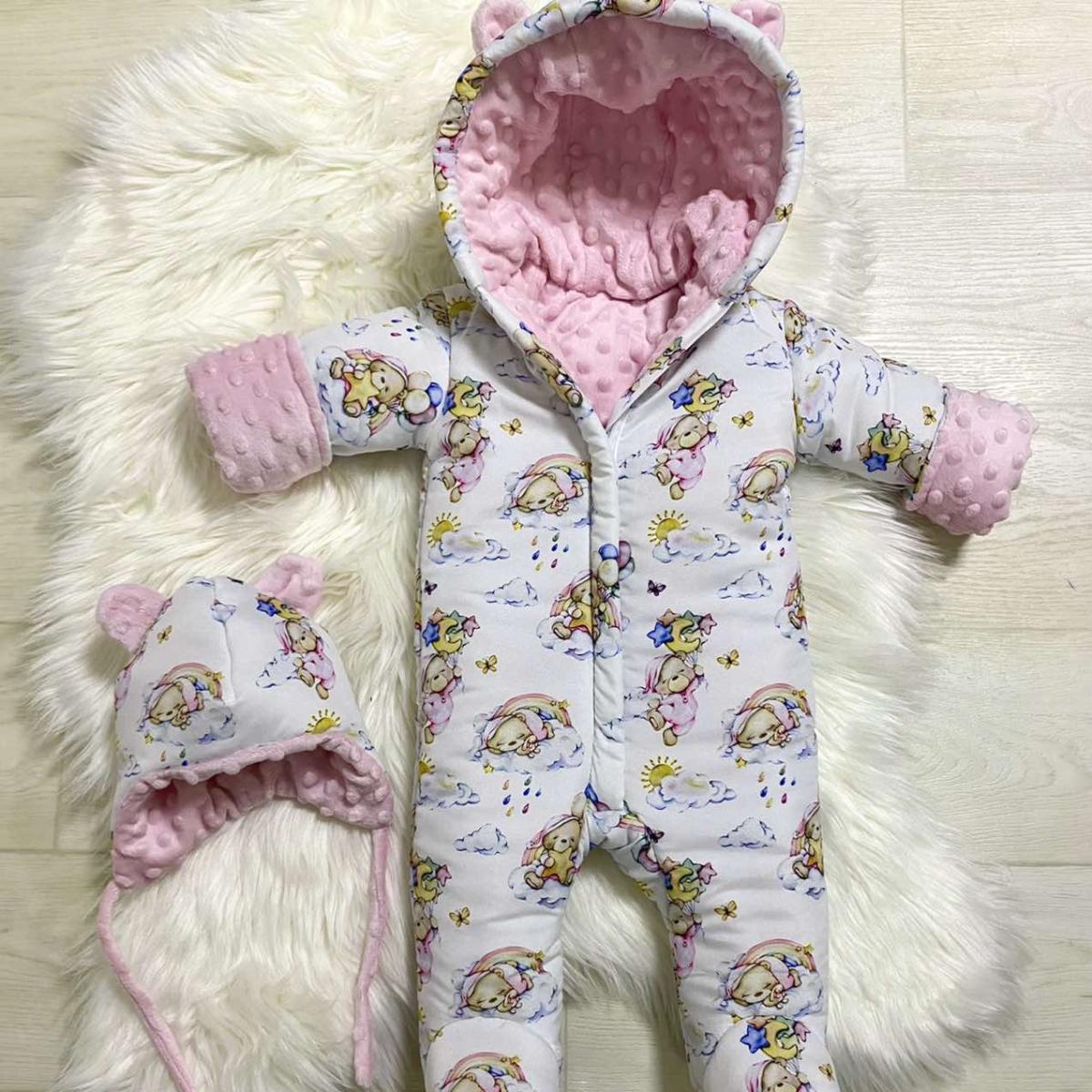 Winter onesie with teddy bear print with pink and white balloons