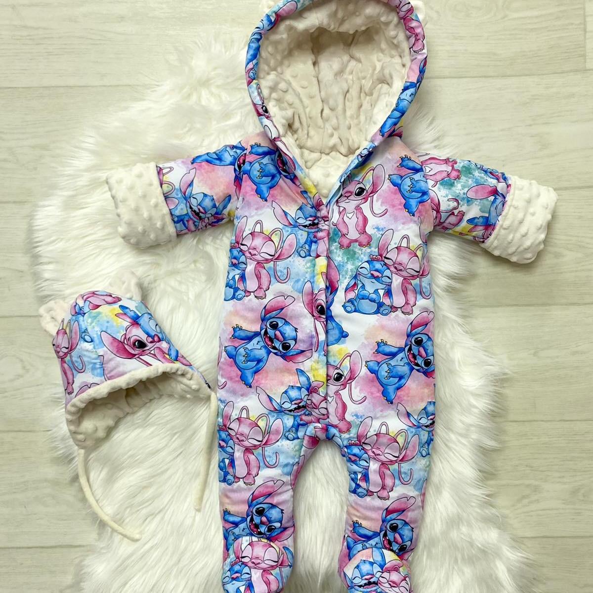 Winter jumpsuit with stitch and light blue cream angel print