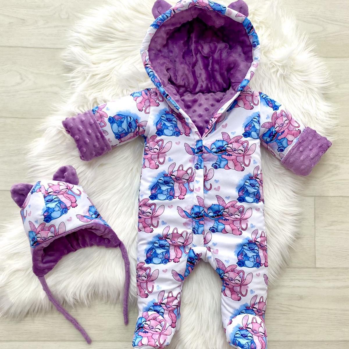 Winter romper with white purple angel and stitch print