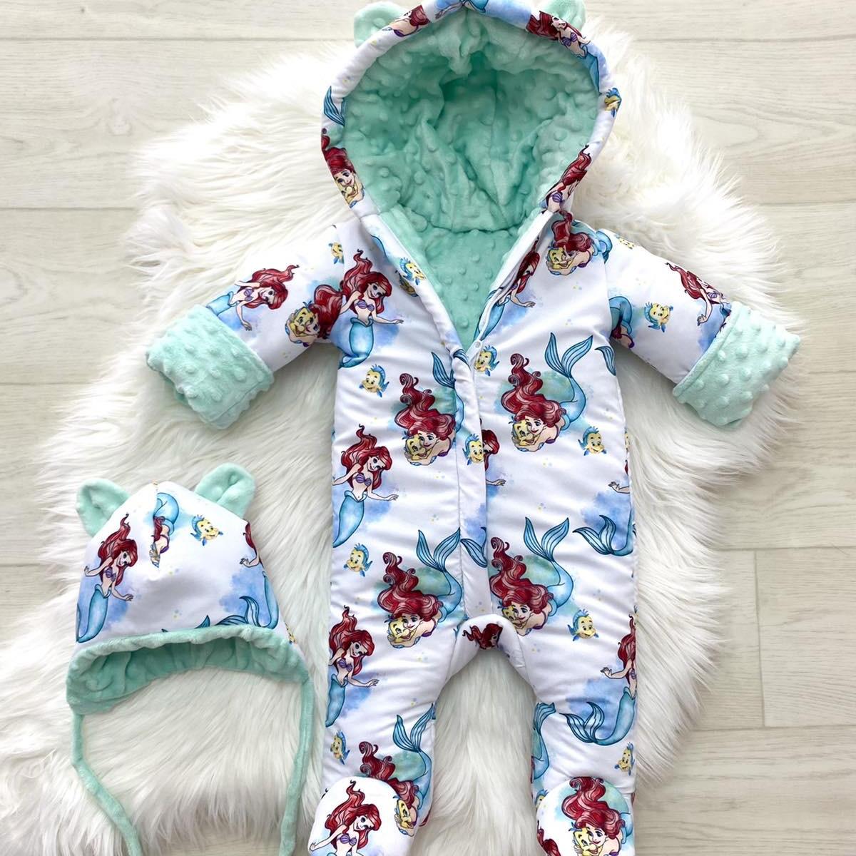 Winter onesie with Ariel print green Aqua white