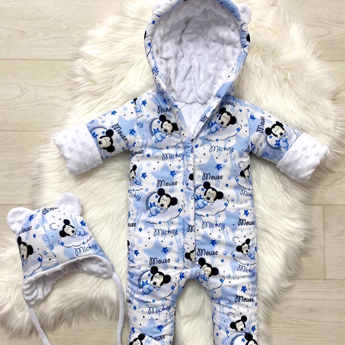 Winter romper suit with mickey on the moon print blue white
