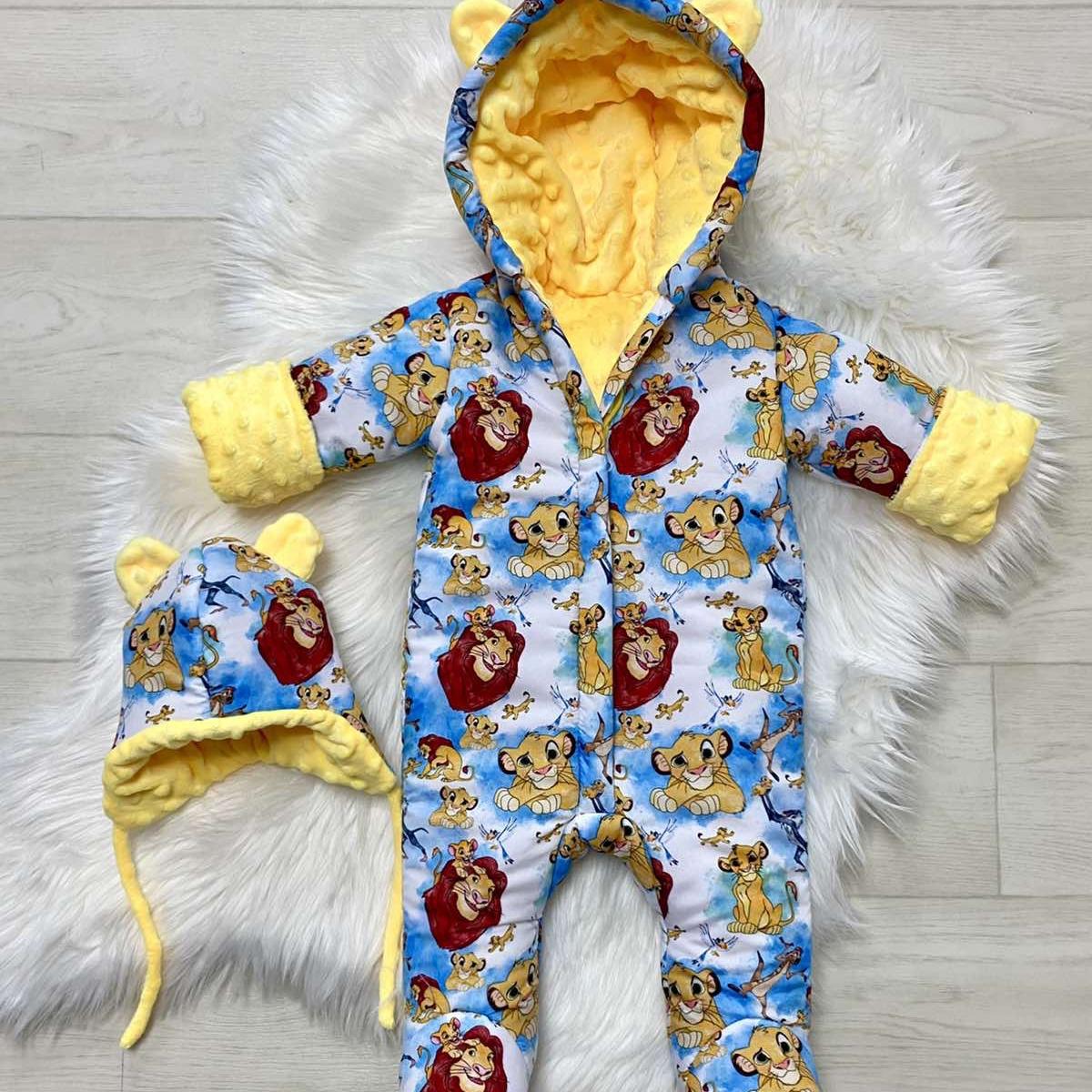 Winter onesie with yellow Mufasa and Simba print