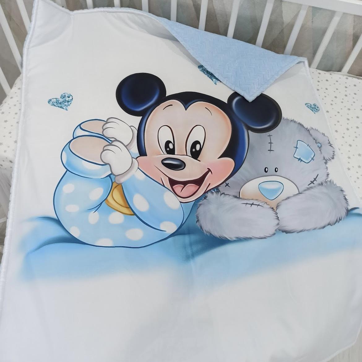 Coperta double face con la stampa mickey con orsetto azzurro bianco grigio