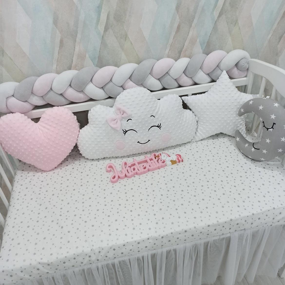 Set of pink gray white heart and star character cushions