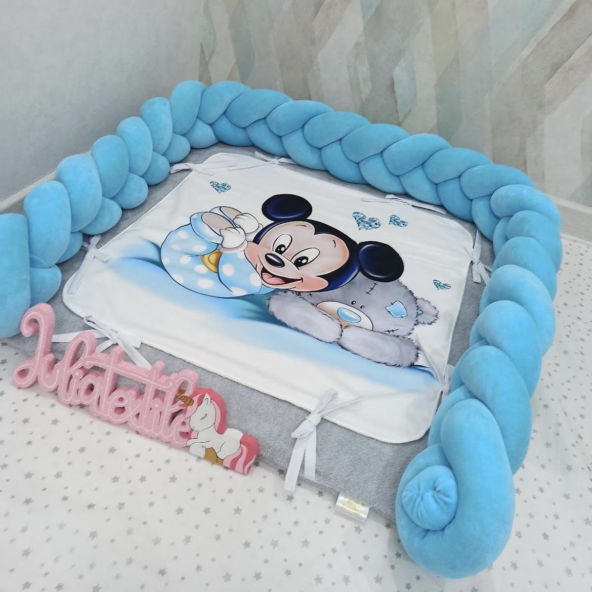 Woven changing mat with mickey and white blue teddy bear print