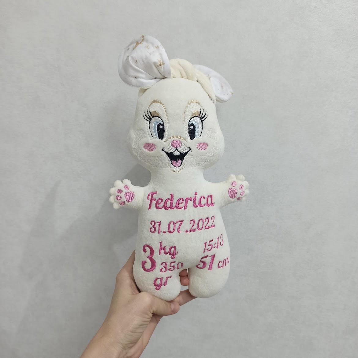 Pupazzo personalizzato coniglietta panna fucsia