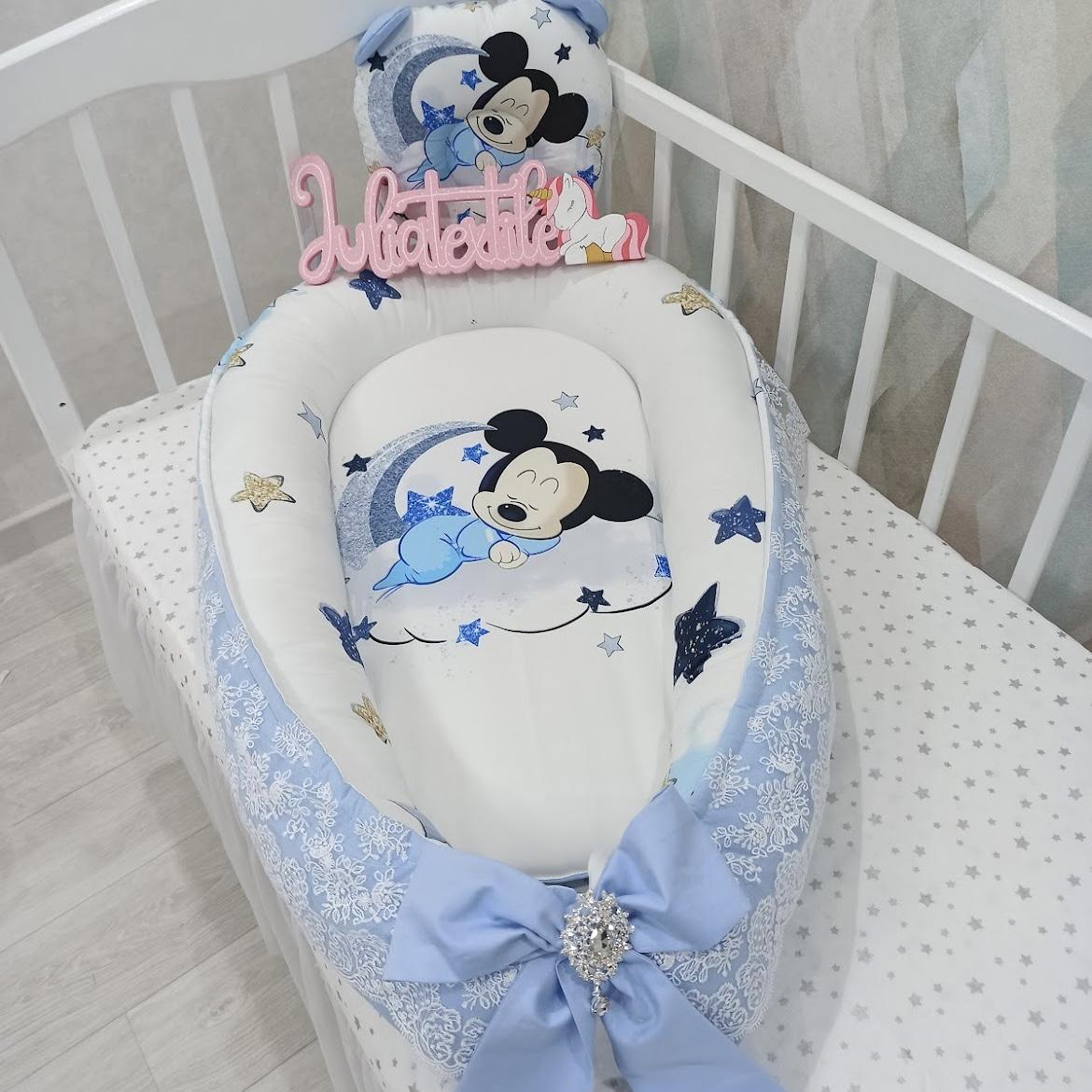 Cocoon decorated with lace and white blue mickey print