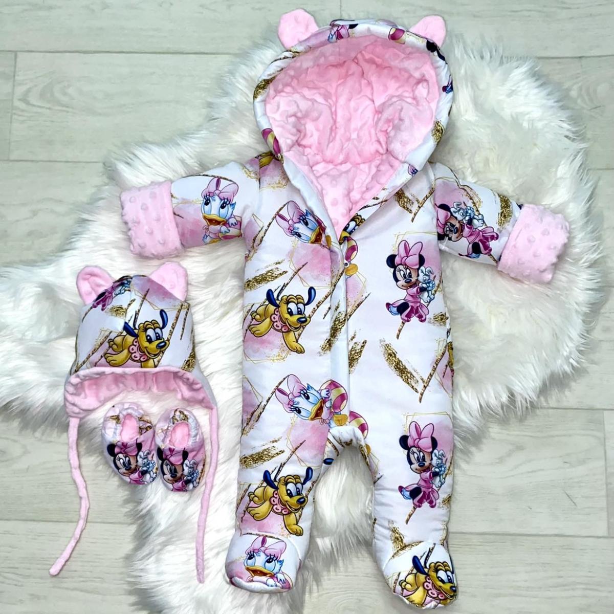 Winter romper with pink white minnie and pluto print