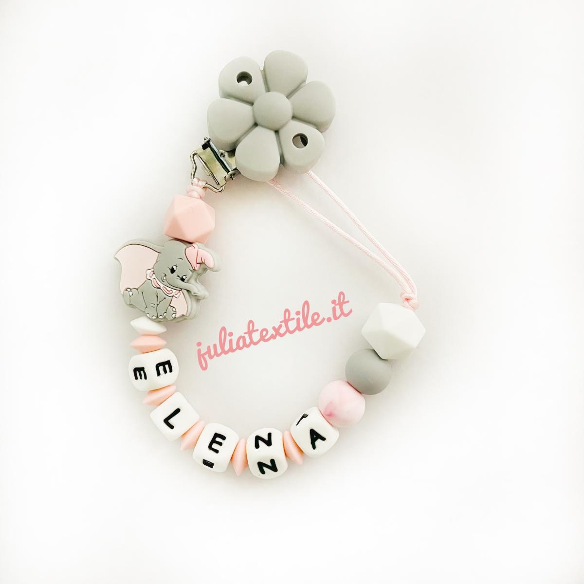 Name Chain with Gray Flower and Pink White Dumbo