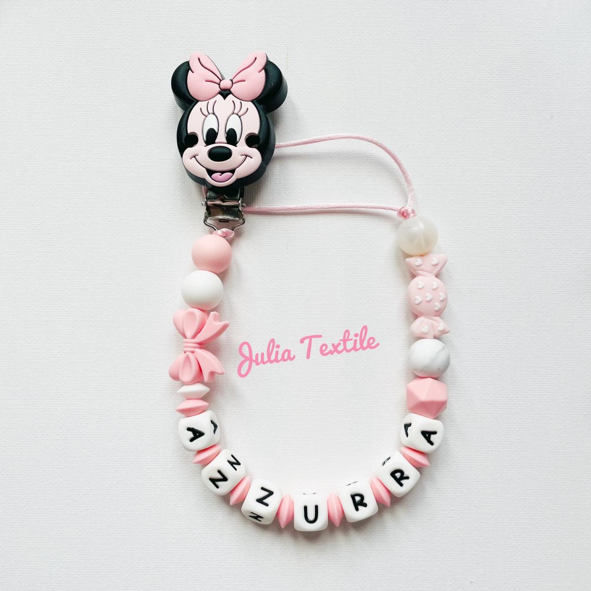 Catenella con nome minnie con caramella e fiocco rosa bianco