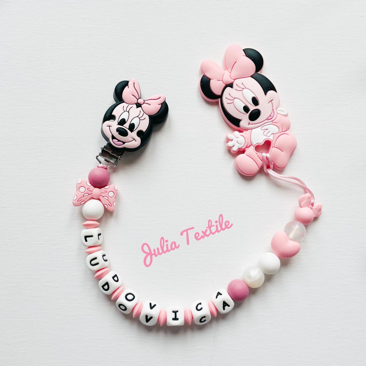 Catenella con nome minnie con fiocco e cuore bianco rosa