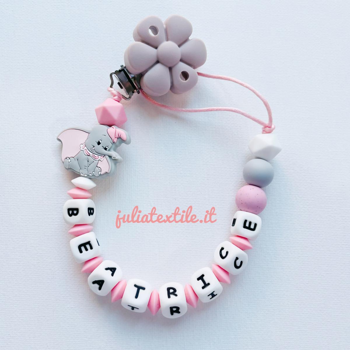 Catenella con nome fiore blush e dumbo bianco rosa