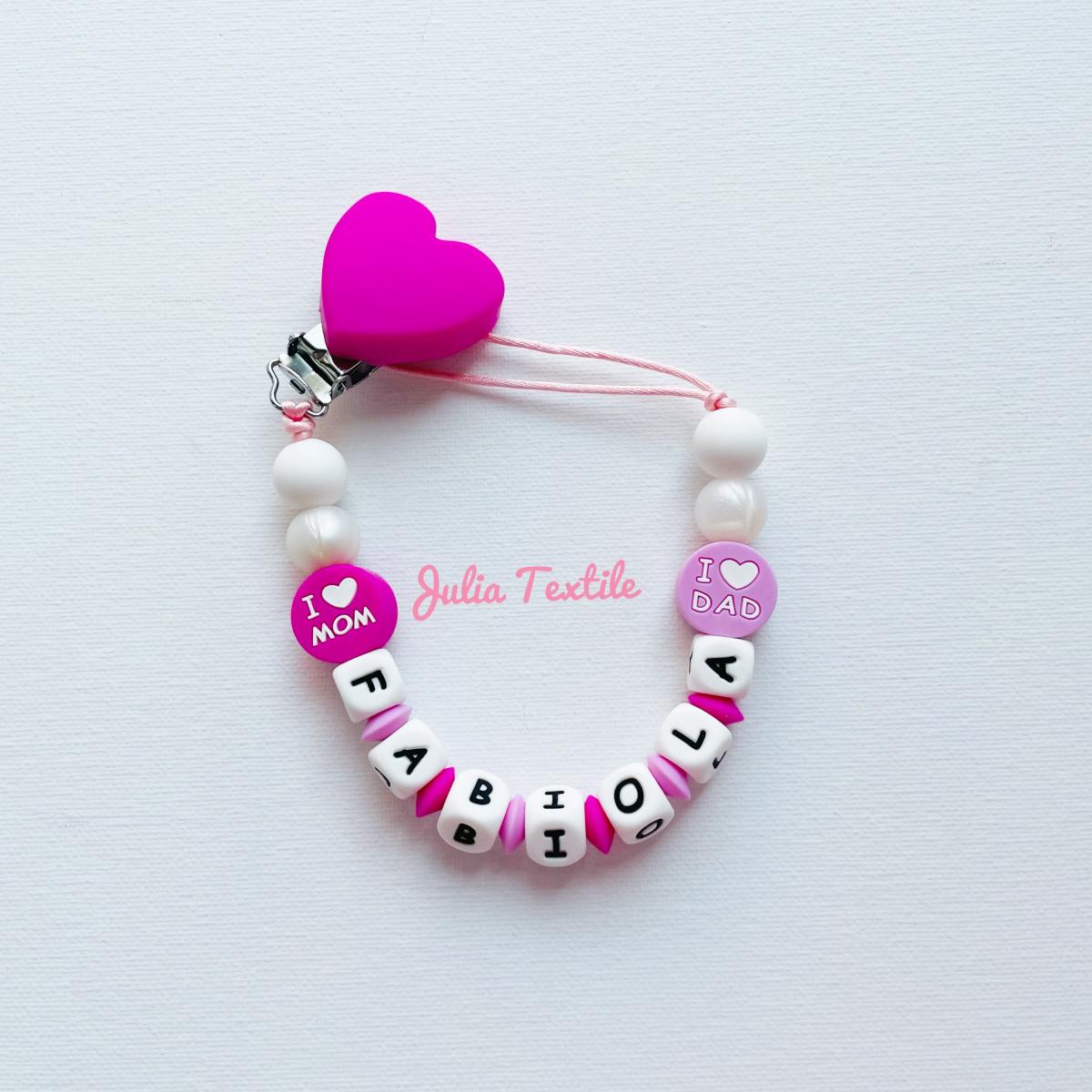 Chain with heart name fuchsia pink white