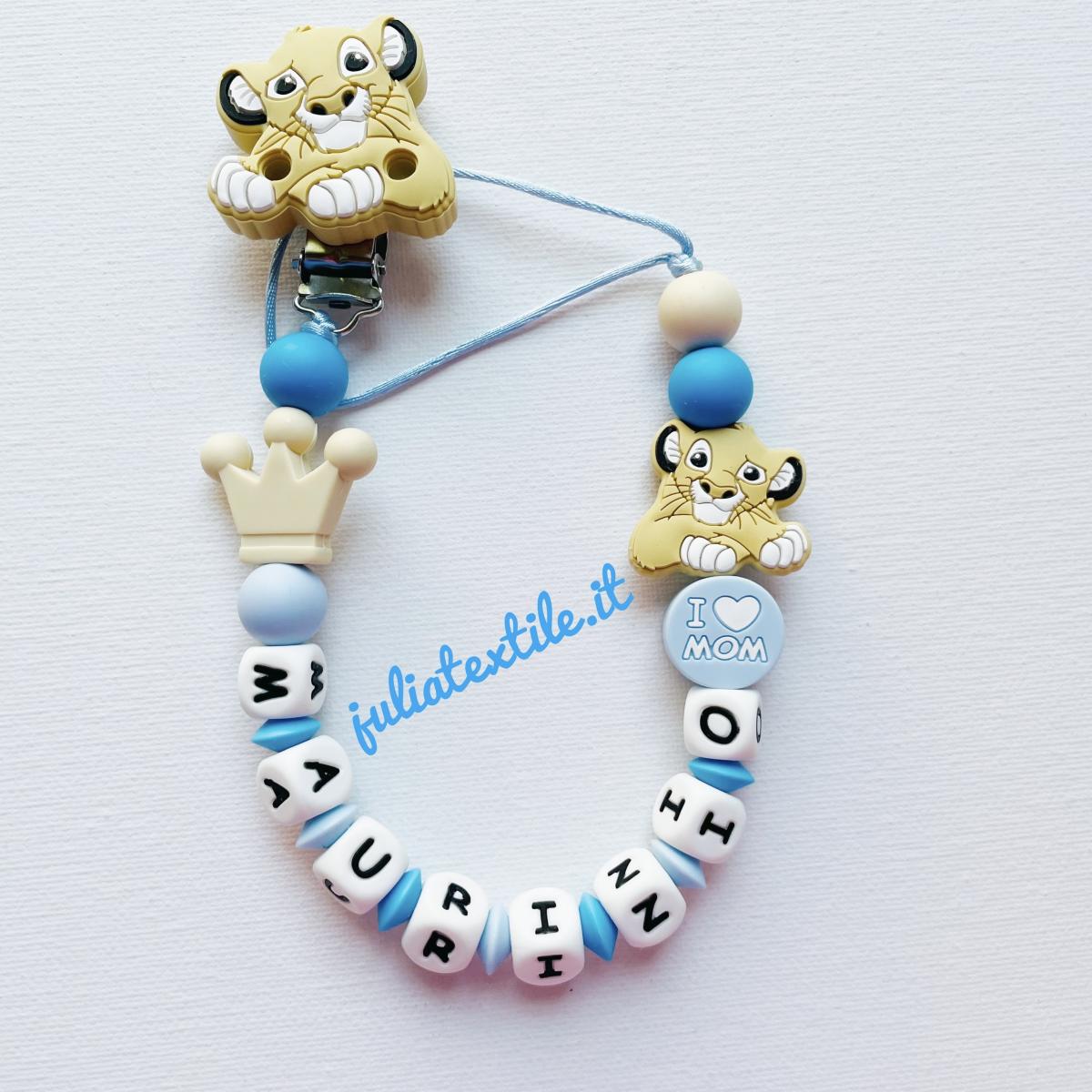 Chain with name Simba light blue beige white lion cub