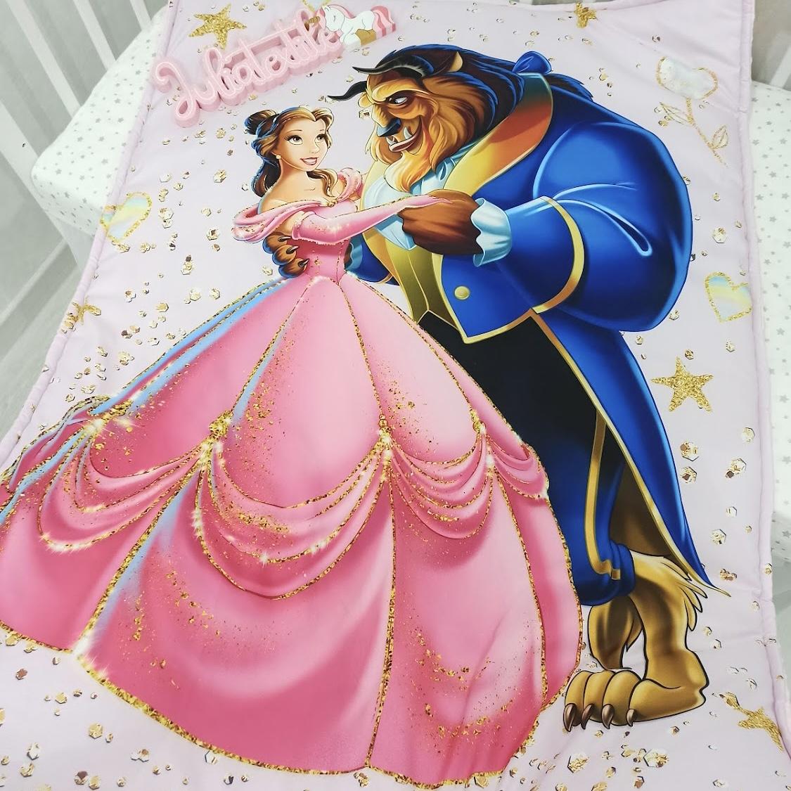 Reversible blanket with rose gold Beauty and the Beast print