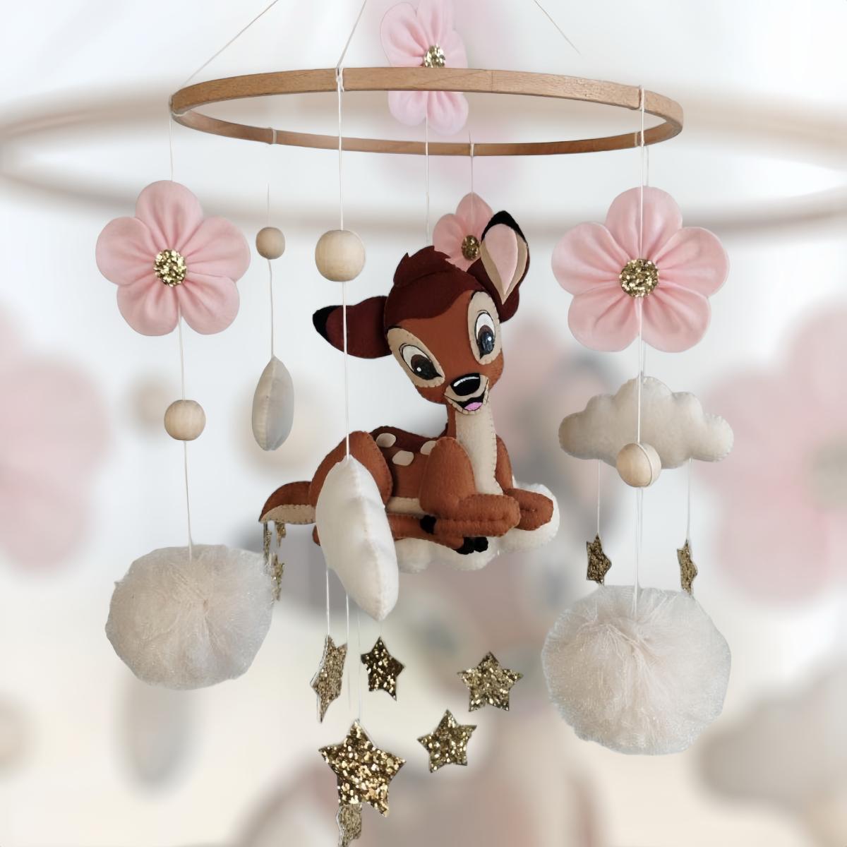 Musical Mobile Bambi with Enchanting Flowers