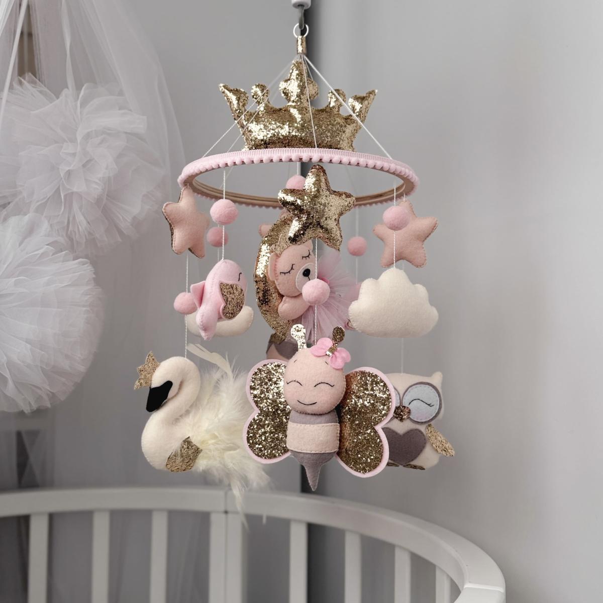Pink and gold musical mobile – Elegant and soft baby girl nursery decor
