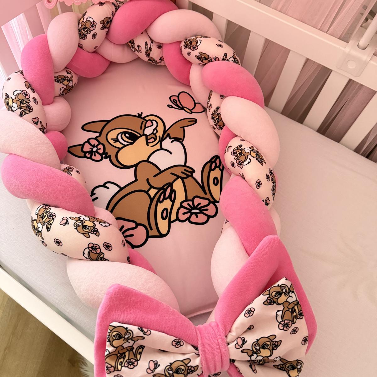 Pink Braided Baby Nest with Little Deer – Newborn Cocoon with Padded Cotton Velvet Bumper