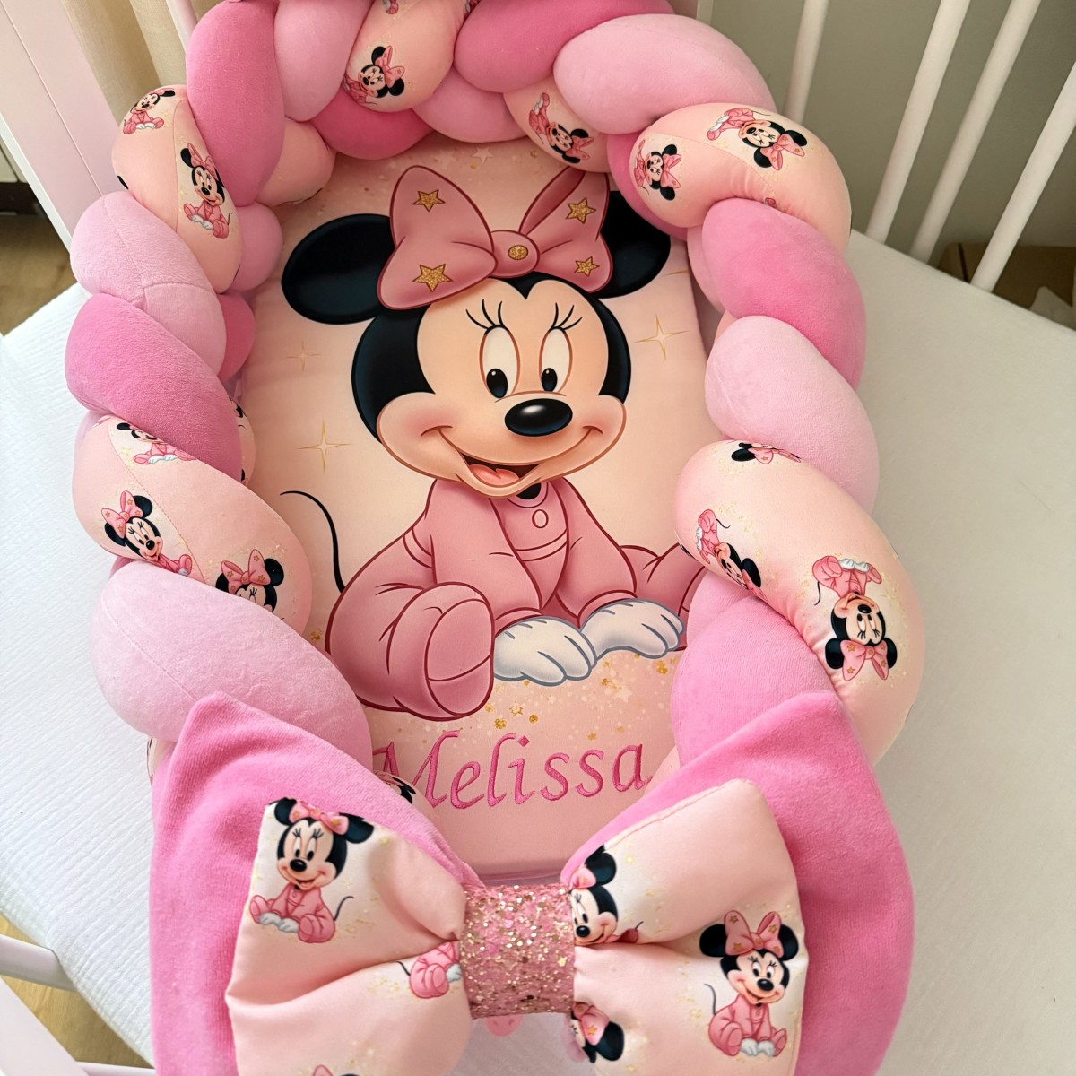 Pink Braided Baby Nest with Double Bow  Personalized Newborn Cocoon
