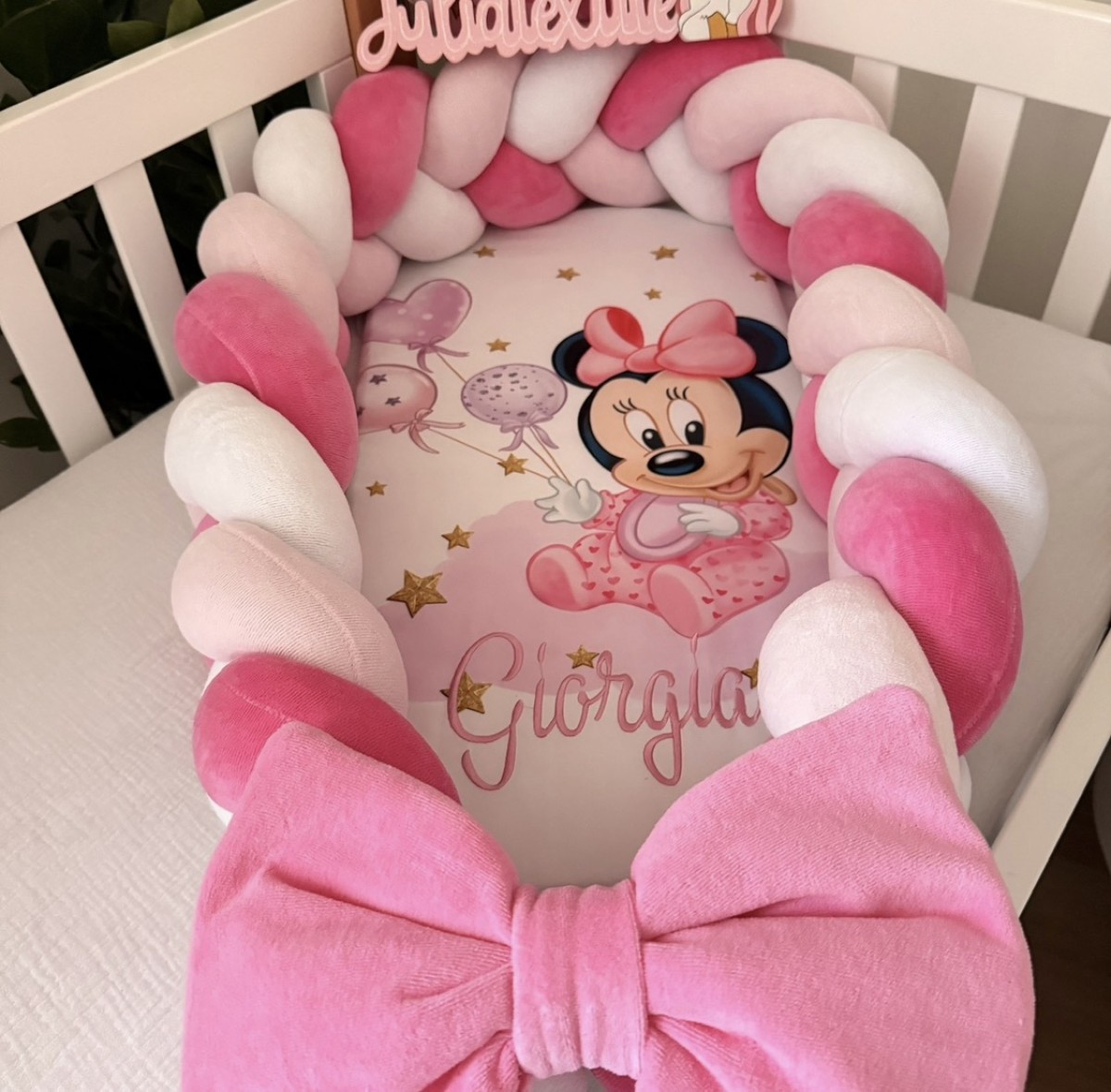 Pink and White Braided Bumper with Minnie Mouse