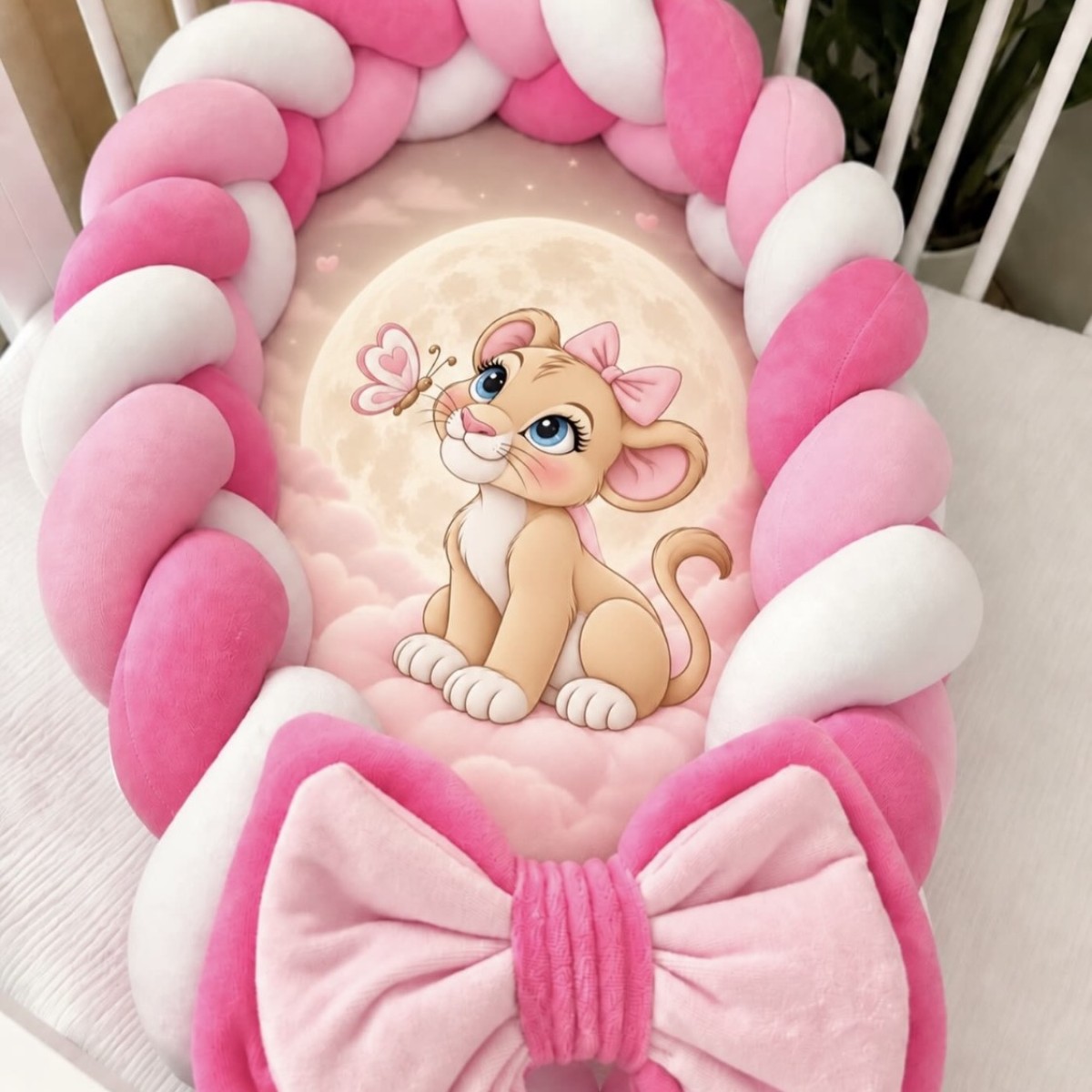 Personalized Pink Lioness Braided Baby Nest with Bow