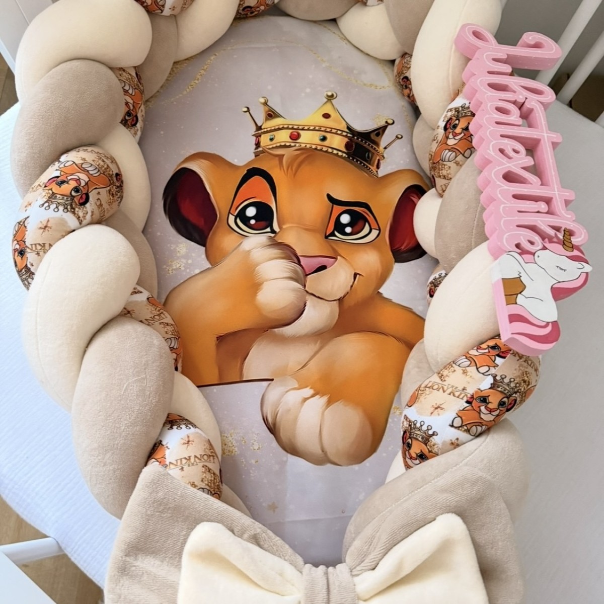 Lion Cub Baby Nest with Crown – Personalized Beige Braid