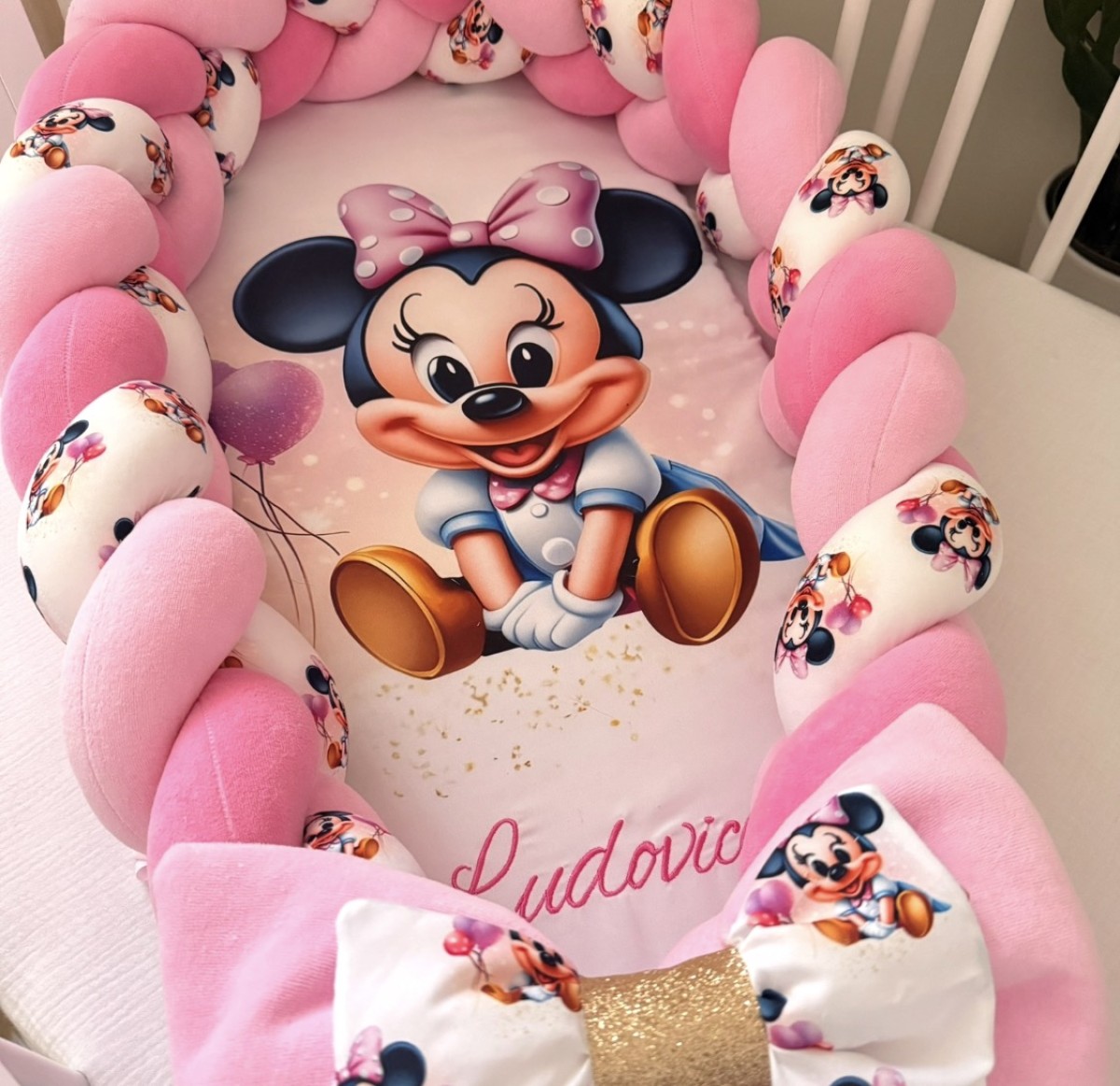 Pink Minnie Braided Cot Bumper with Bow and Embroidered Name