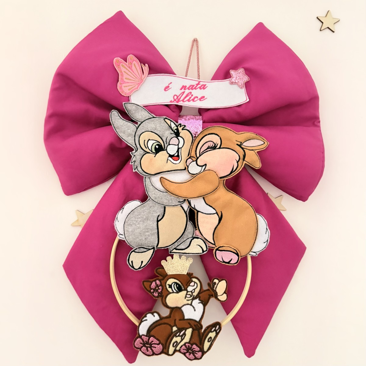 Personalized Fuchsia Birth Bow with Bambi and Thumper